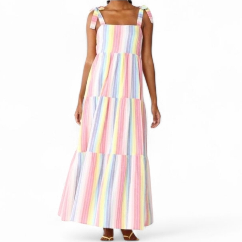 Rainbow Stripe Tie-Shoulder Maxi Dress